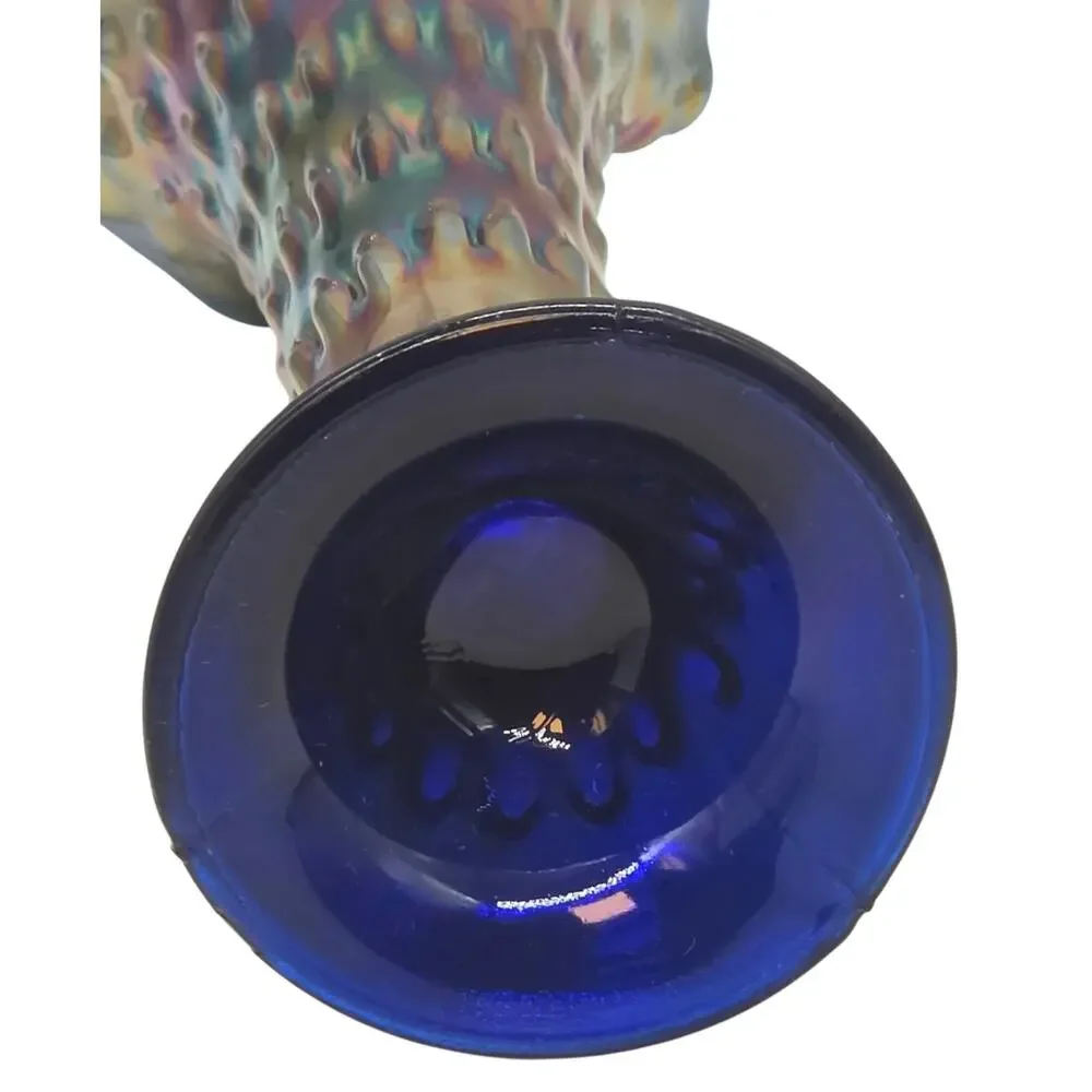 FENTON BLUE RUSTIC HOBNAIL CARNIVAL GLASS VASE 10